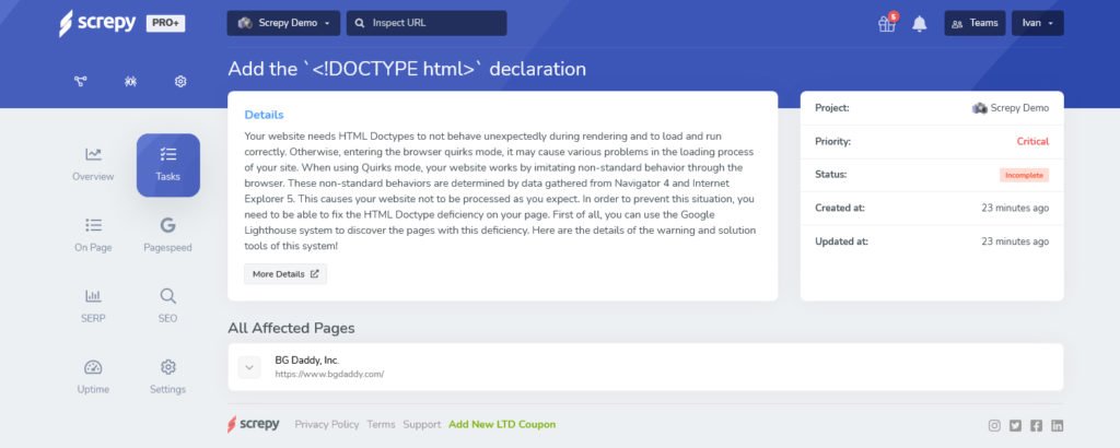 Screpy табло: DOCTYPE declaration